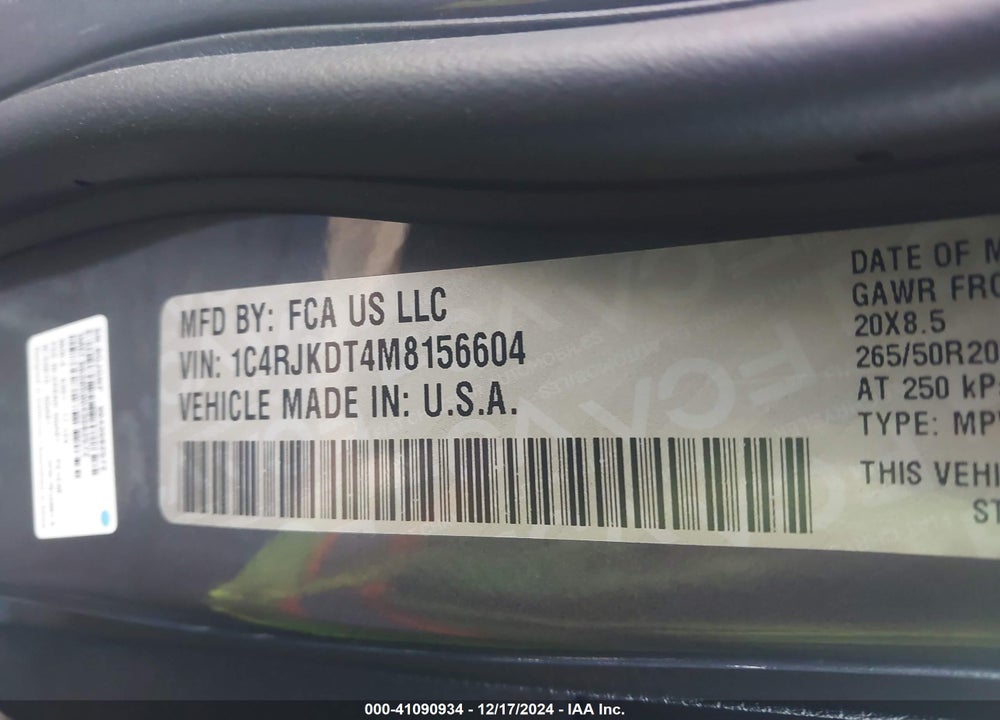 2021 JEEP GRAND CHEROKEE L VIN: 1C4RJKDT4M8156604
