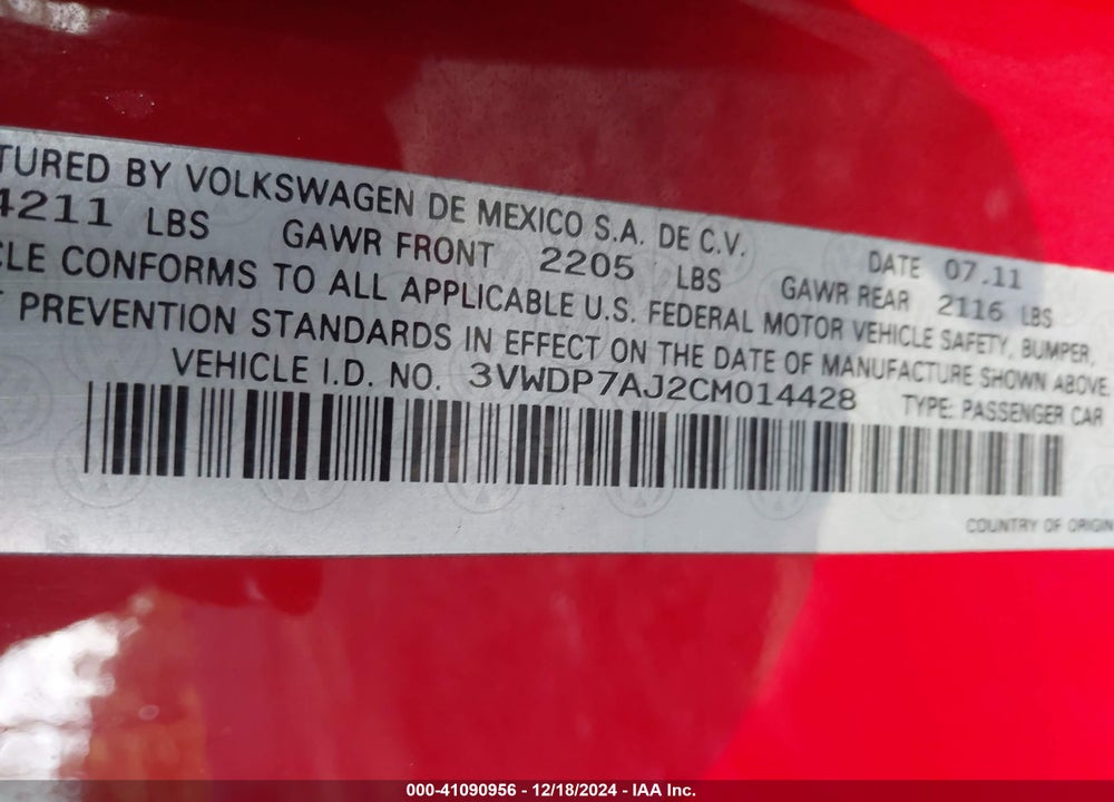2012 VOLKSWAGEN JETTA 2.5L SE VIN: 3VWDP7AJ2CM014428
