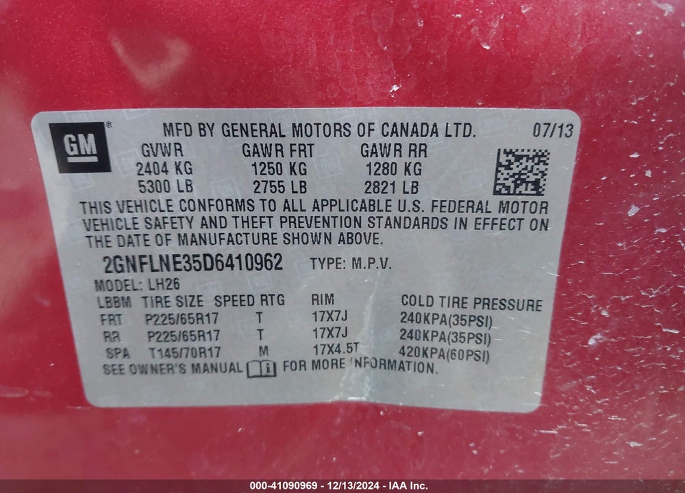 2013 CHEVROLET EQUINOX 2LT VIN: 2GNFLNE35D6410962