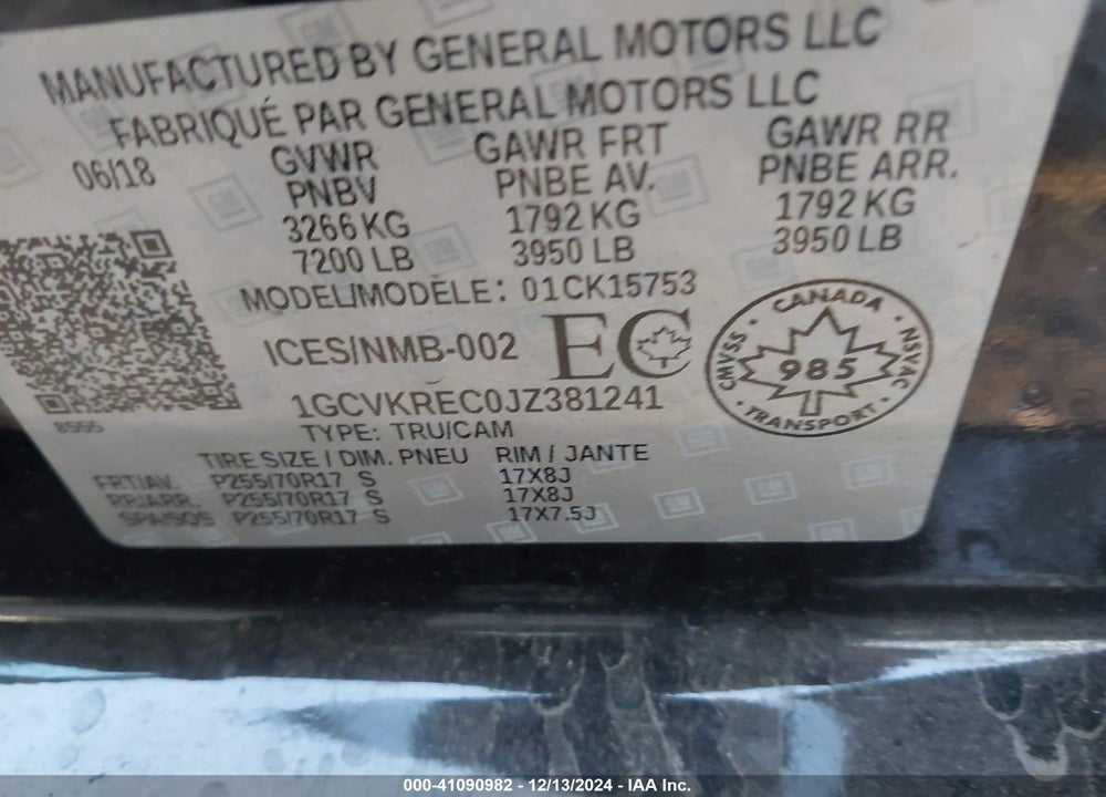 2018 CHEVROLET SILVERADO 1500 1LT/2LT VIN: 1GCVKREC0JZ381241