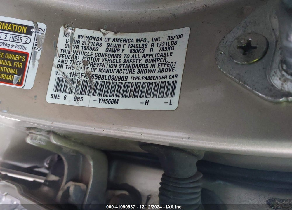2008 HONDA CIVIC SDN LX VIN: 1HGFA16598L090969