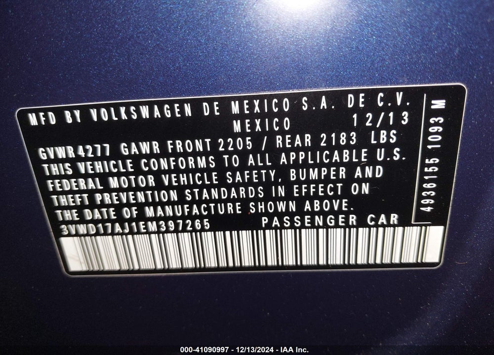 2014 VOLKSWAGEN JETTA VIN: 3VWD17AJ1EM397265