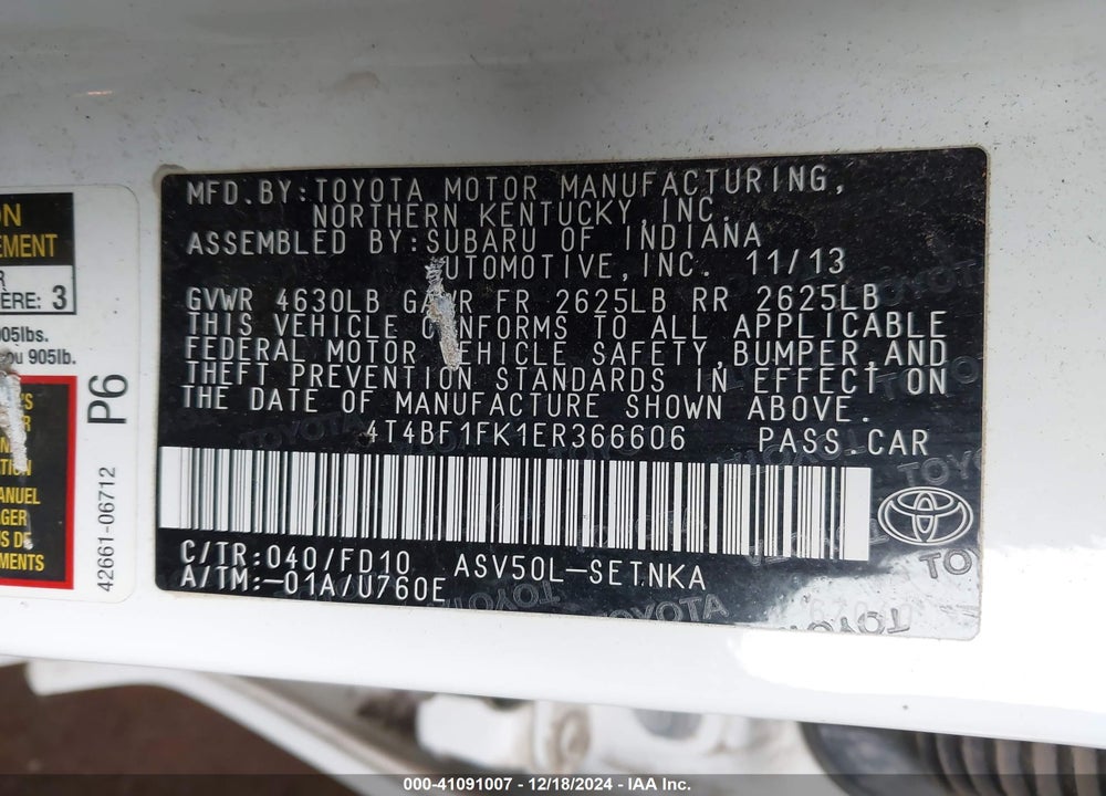 2014 TOYOTA CAMRY LE VIN: 4T4BF1FK1ER366606