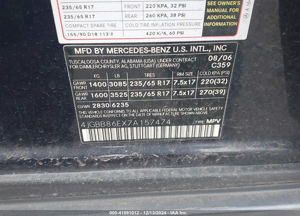 2007 MERCEDES-BENZ ML 350 4MATIC VIN: 4JGBB86EX7A157474