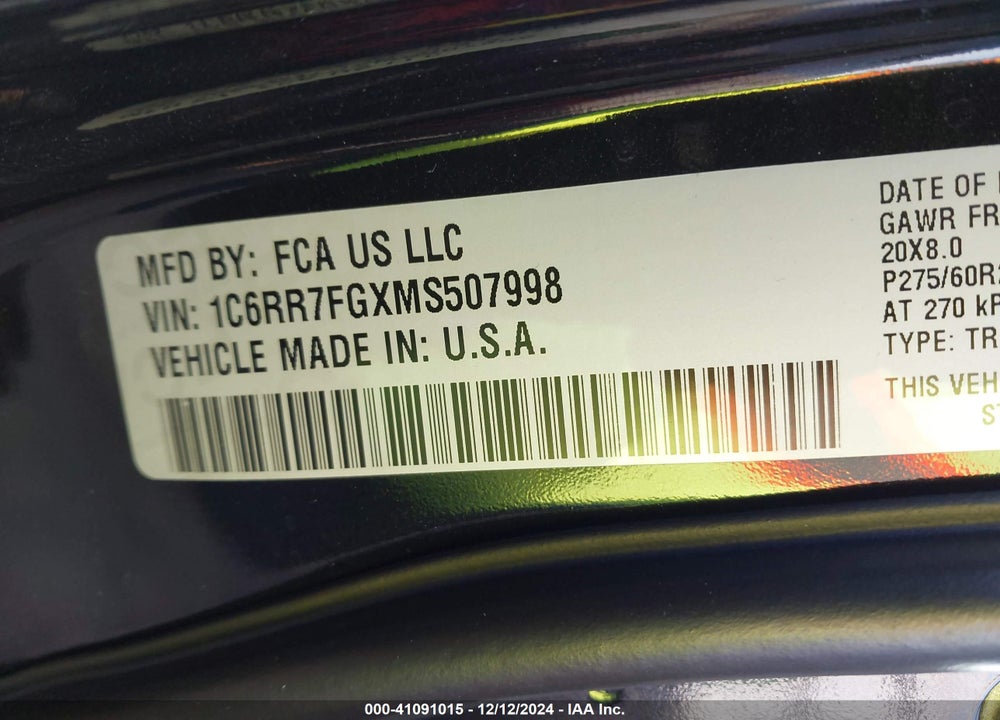 2021 RAM 1500 CLASSIC VIN: 1C6RR7FGXMS507998