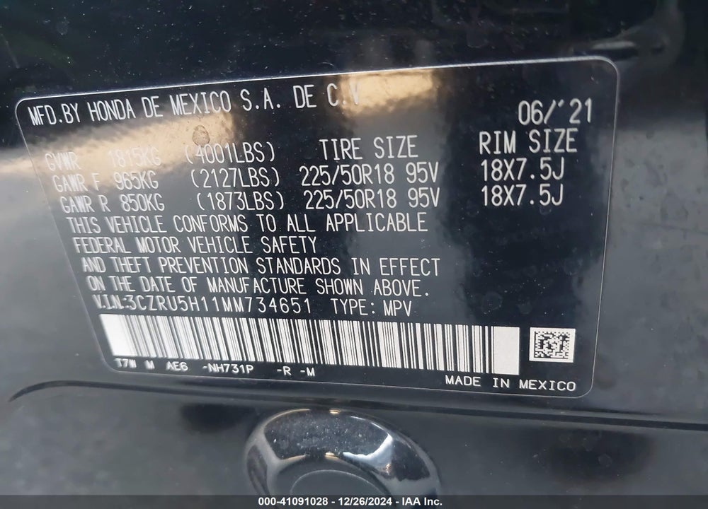 2021 HONDA HR-V 2WD SPORT VIN: 3CZRU5H11MM734651
