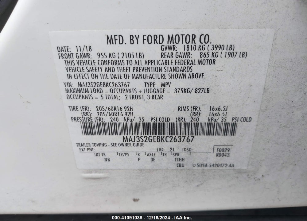 2019 FORD ECOSPORT SE VIN: MAJ3S2GE8KC263767