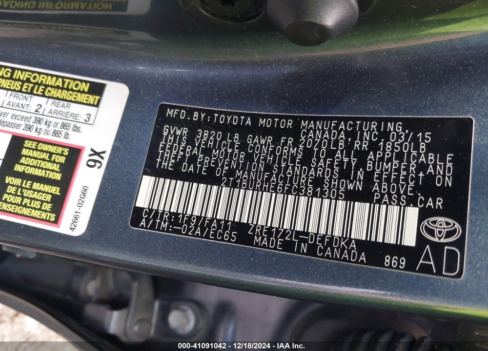 2015 TOYOTA COROLLA L VIN: 2T1BURHE6FC381305