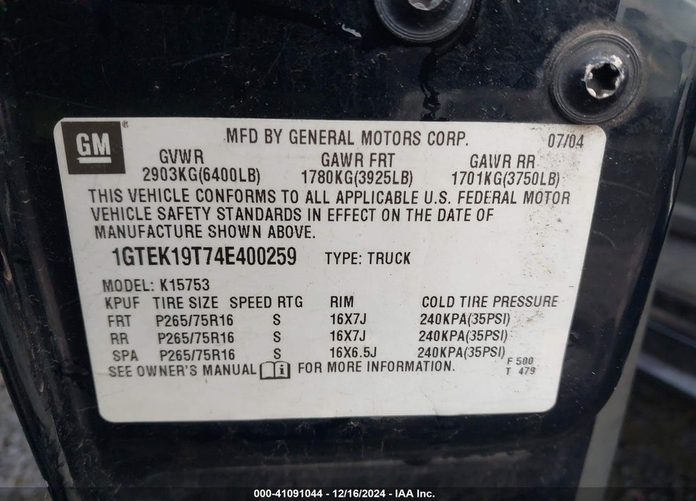 2004 GMC SIERRA 1500 SLE VIN: 1GTEK19T74E400259