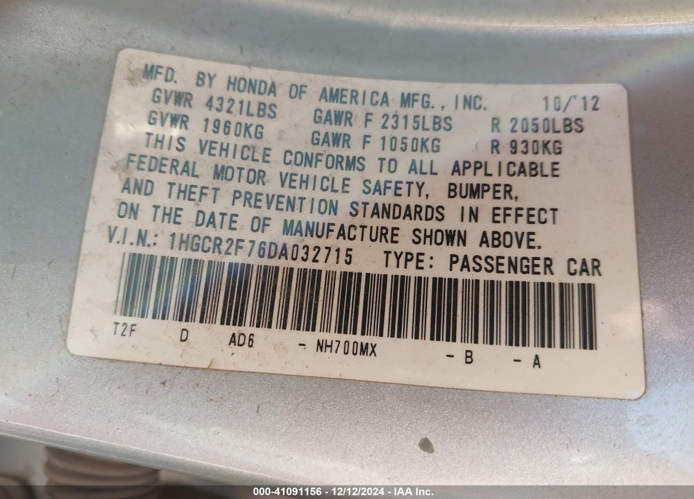 2013 HONDA ACCORD VIN: 1HGCR2F76DA032715