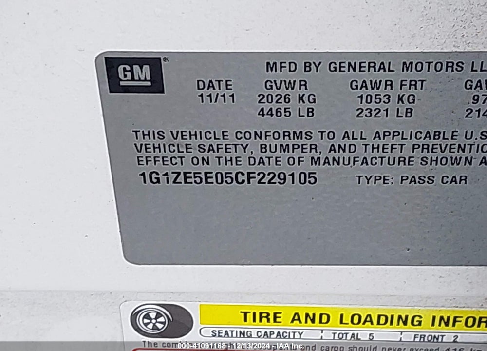 2012 CHEVROLET MALIBU 1LZ VIN: 1G1ZE5E05CF229105