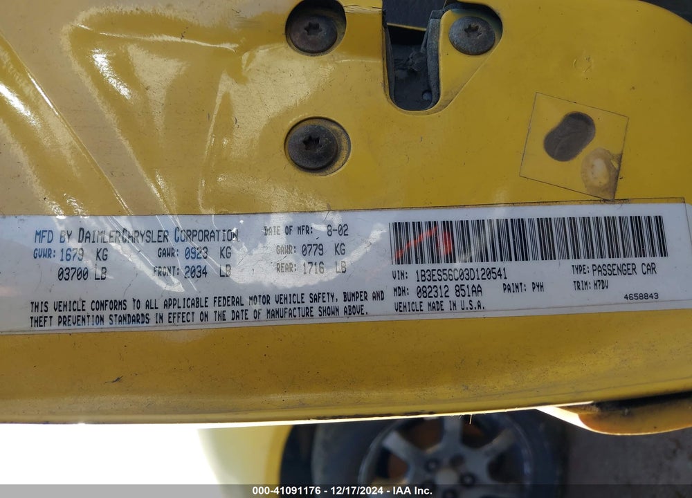 2003 DODGE NEON SXT VIN: 1B3ES56C03D120541