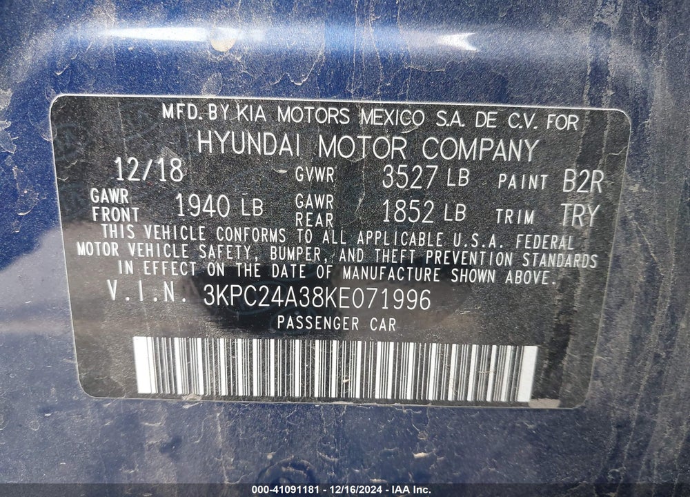 2019 HYUNDAI ACCENT VIN: 3KPC24A38KE071996