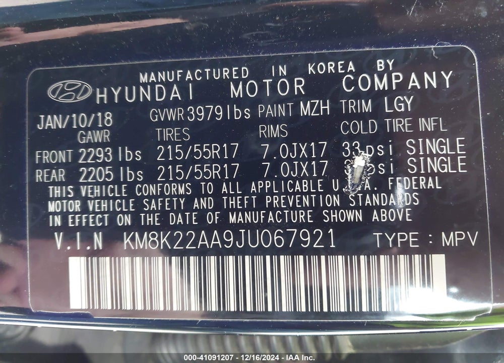 2018 HYUNDAI KONA SEL VIN: KM8K22AA9JU067921