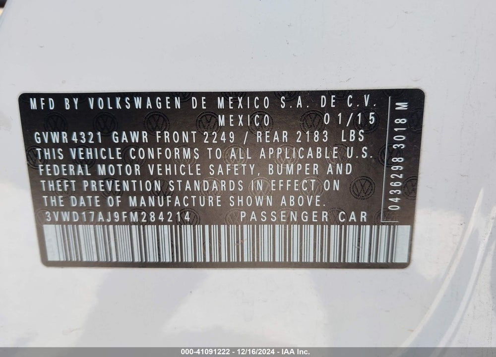 2015 VOLKSWAGEN JETTA 1.8T SE VIN: 3VWD17AJ9FM284214