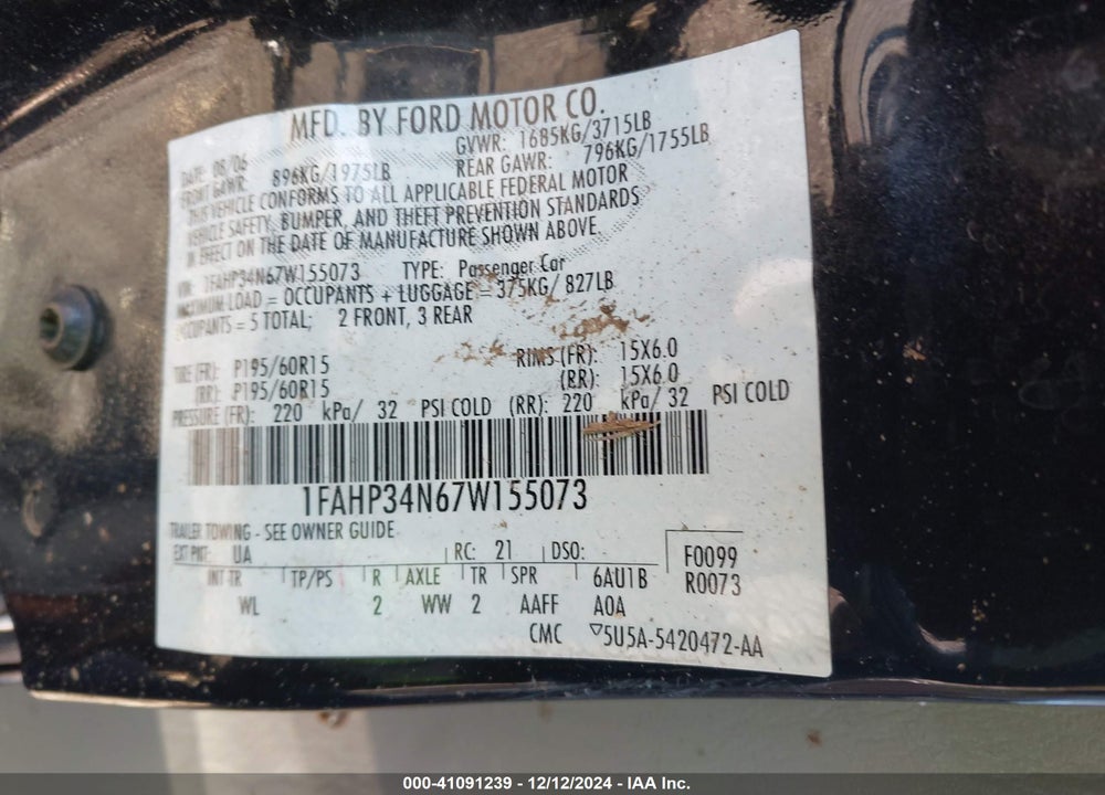 2007 FORD FOCUS S/SE/SES VIN: 1FAHP34N67W155073