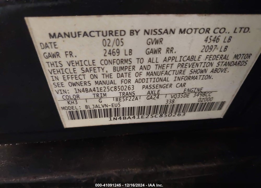 2005 NISSAN MAXIMA 3.5 SE VIN: 1N4BA41E25C850263