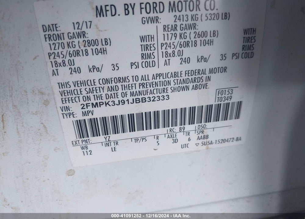 2018 FORD EDGE SEL VIN: 2FMPK3J91JBB32333