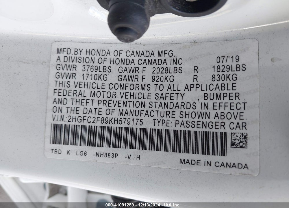 2019 HONDA CIVIC SPORT VIN: 2HGFC2F89KH579175