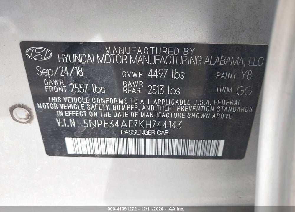 2019 HYUNDAI SONATA SEL VIN: 5NPE34AF7KH744143