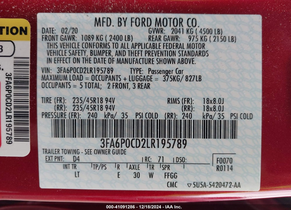 2020 FORD FUSION SEL VIN: 3FA6P0CD2LR195789