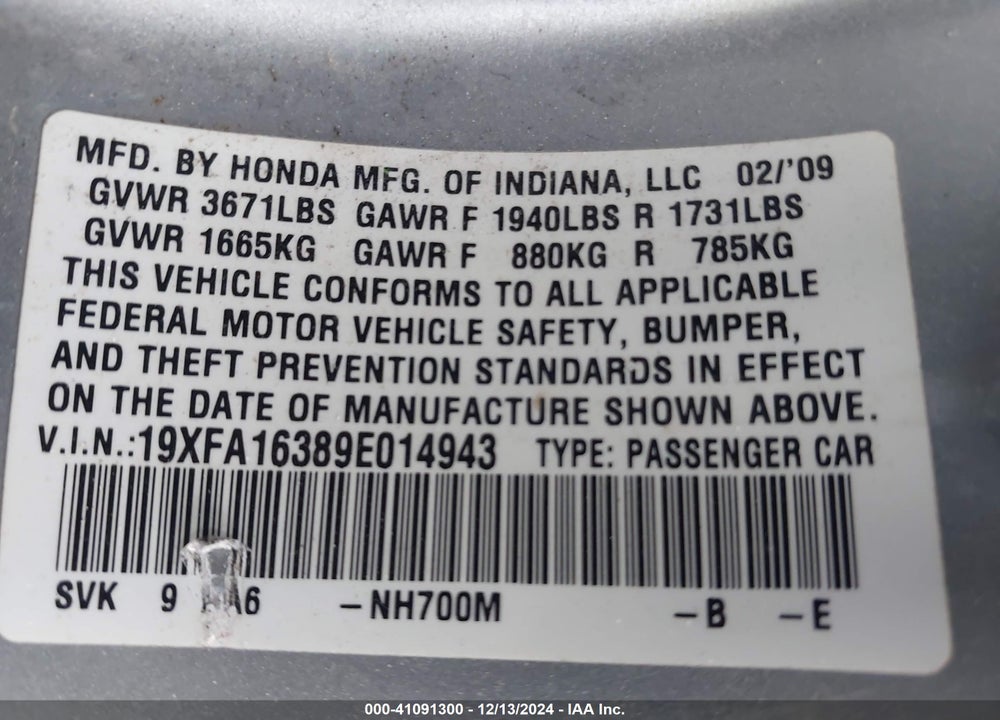 2009 HONDA CIVIC VP VIN: 19XFA16389E014943