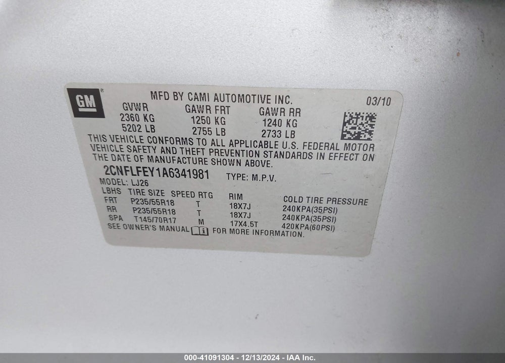 2010 CHEVROLET EQUINOX LTZ VIN: 2CNFLFEY1A6341981