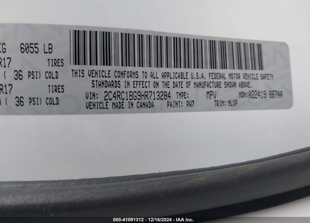 2017 CHRYSLER PACIFICA TOURING L VIN: 2C4RC1BG9HR713284