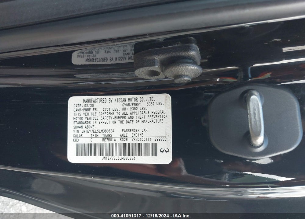 2020 INFINITI Q60 PURE AWD VIN: JN1EV7EL5LM380634