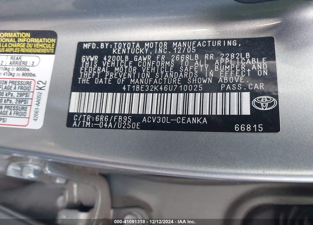 2006 TOYOTA CAMRY LE VIN: 4T1BE32K46U710025