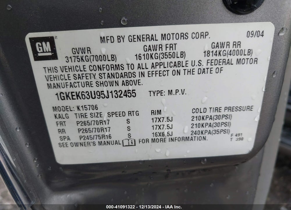 2005 GMC YUKON DENALI VIN: 1GKEK63U95J132455