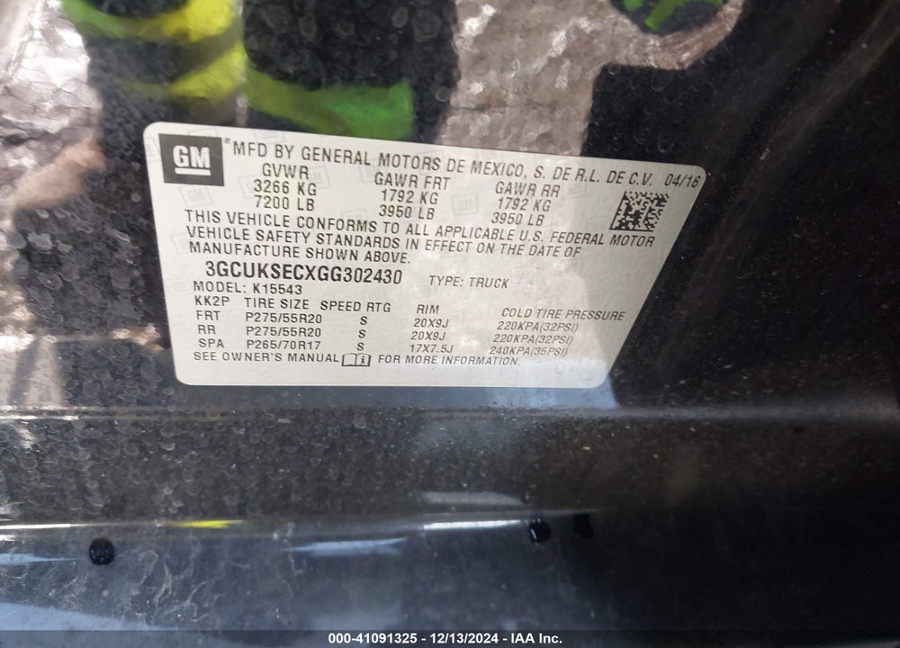 2016 CHEVROLET SILVERADO 1500 1LZ VIN: 3GCUKSECXGG302430