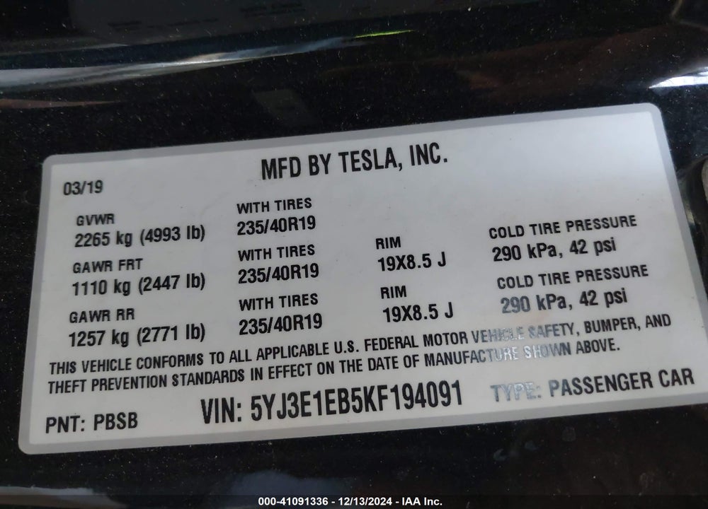 2019 TESLA MODEL 3 VIN: 5YJ3E1EB5KF194091