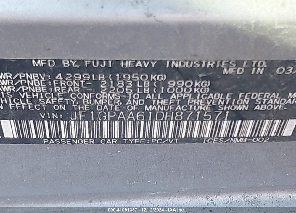 2013 SUBARU IMPREZA 2.0I VIN: JF1GPAA61DH871571