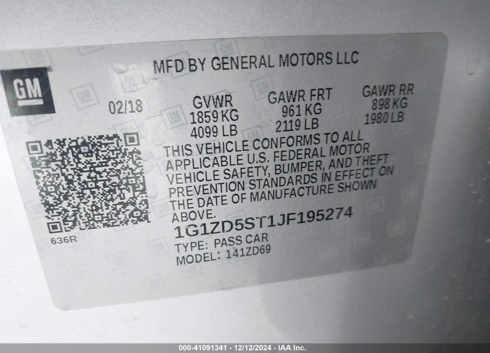 2018 CHEVROLET MALIBU LT VIN: 1G1ZD5ST1JF195274