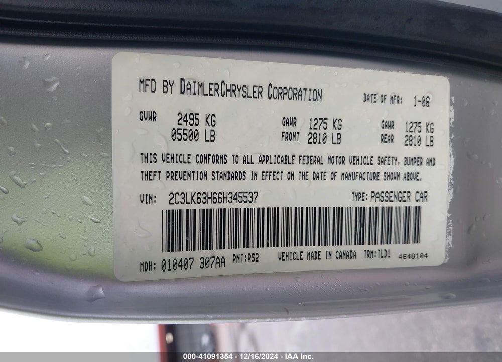 2006 CHRYSLER 300C VIN: 2C3LK63H66H345537