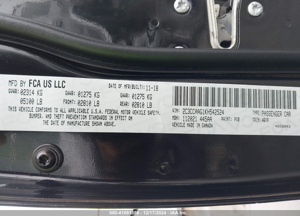 2019 CHRYSLER 300 VIN: 2C3CCAAG1KH542524