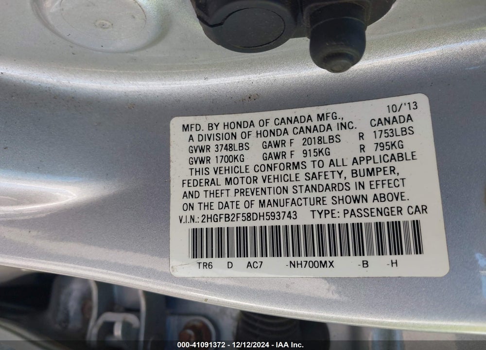 2013 HONDA CIVIC LX VIN: 2HGFB2F58DH593743