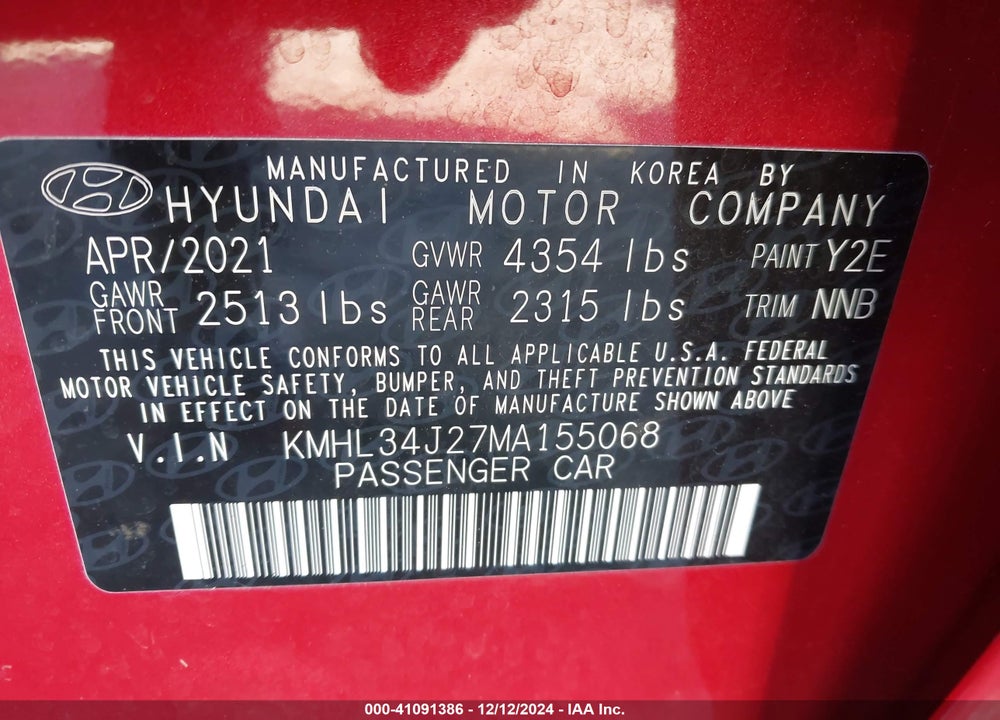2021 HYUNDAI SONATA LIMITED VIN: KMHL34J27MA155068