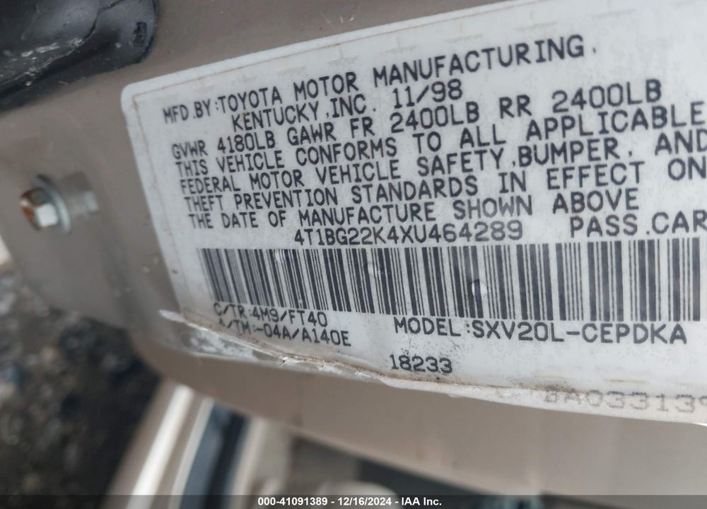 1999 TOYOTA CAMRY CE VIN: 4T1BG22K4XU464289