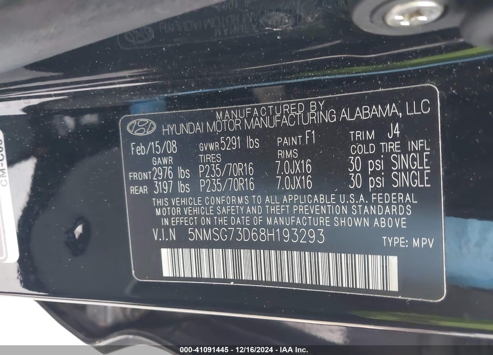 2008 HYUNDAI SANTA FE GLS VIN: 5NMSG73D68H193293