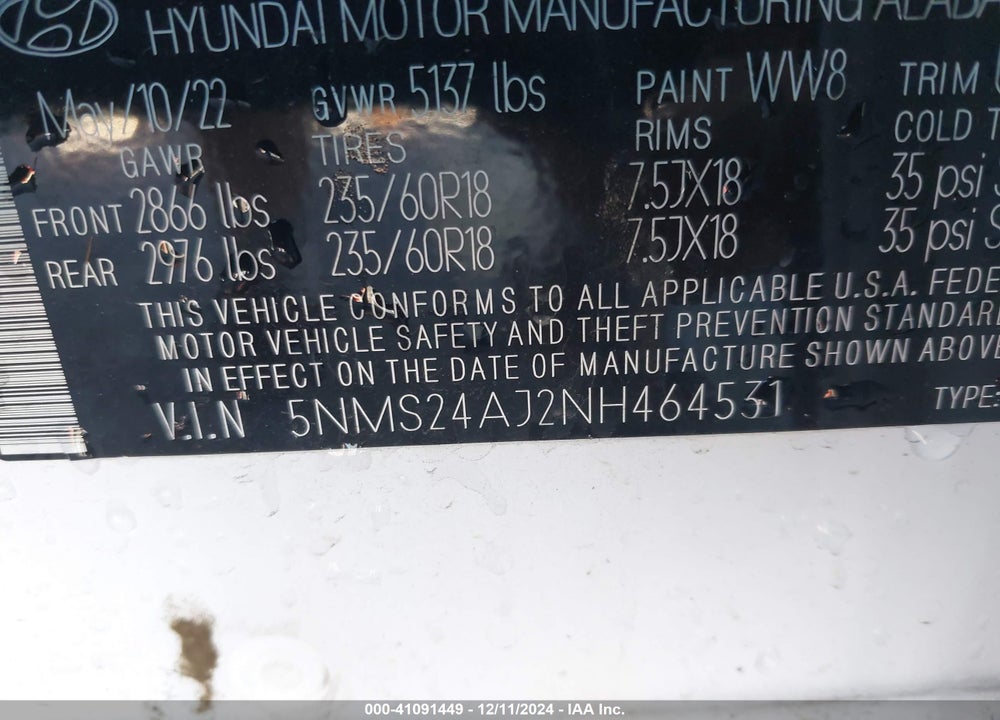2022 HYUNDAI SANTA FE SEL VIN: 5NMS24AJ2NH464531