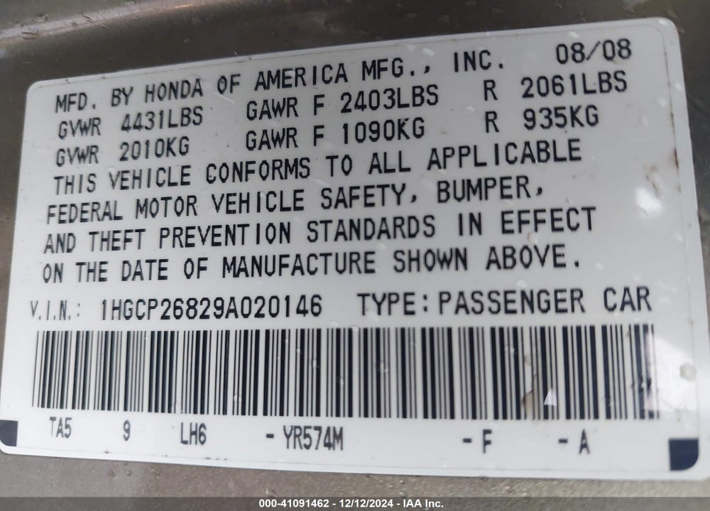 2009 HONDA ACCORD 2.4 EX-L VIN: 1HGCP26829A020146