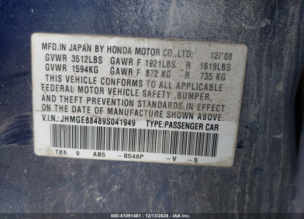2009 HONDA FIT SPORT VIN: JHMGE88489S041949