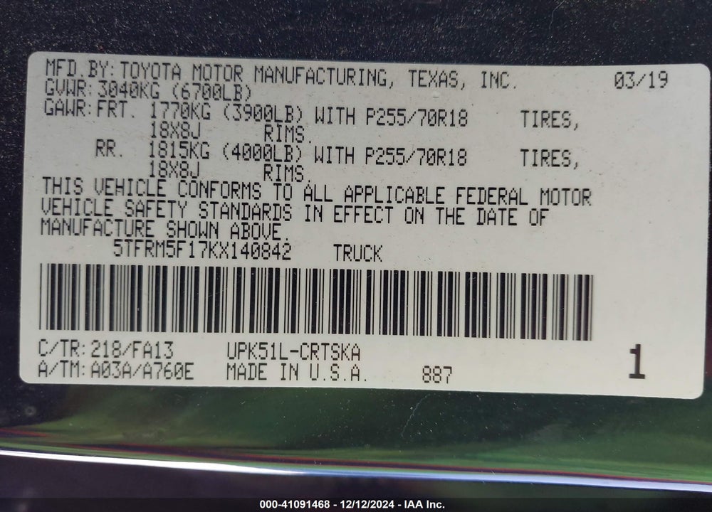 2019 TOYOTA TUNDRA VIN: 5TFRM5F17KX140842