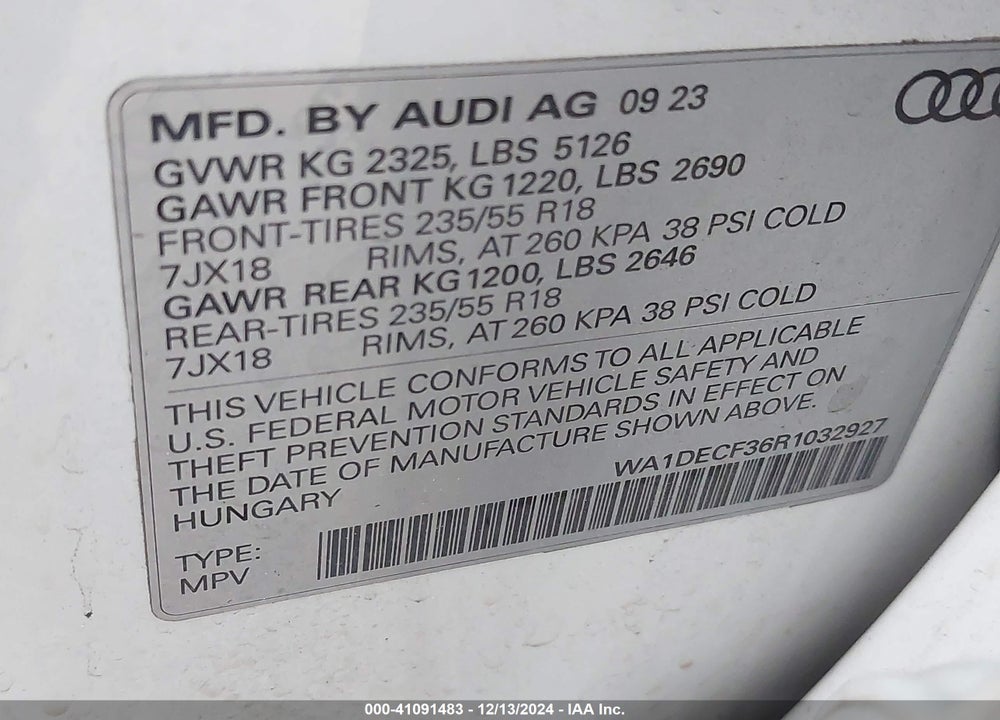 2024 AUDI Q3 PREMIUM 45 TFSI S LINE QUATTRO TIPTRONIC VIN: WA1DECF36R1032927