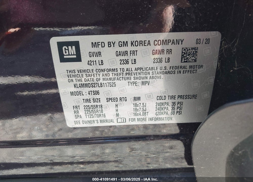 2020 BUICK ENCORE GX FWD SELECT VIN: KL4MMDS27LB117525