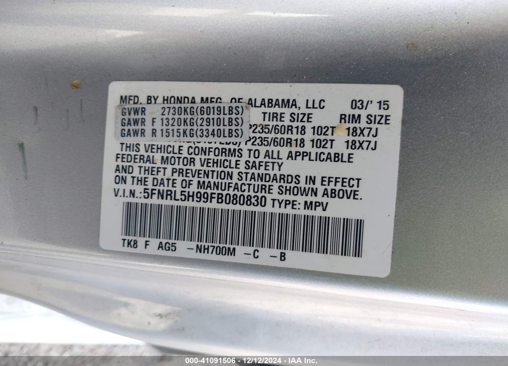 2015 HONDA ODYSSEY TOURING/TOURING ELITE VIN: 5FNRL5H99FB080830