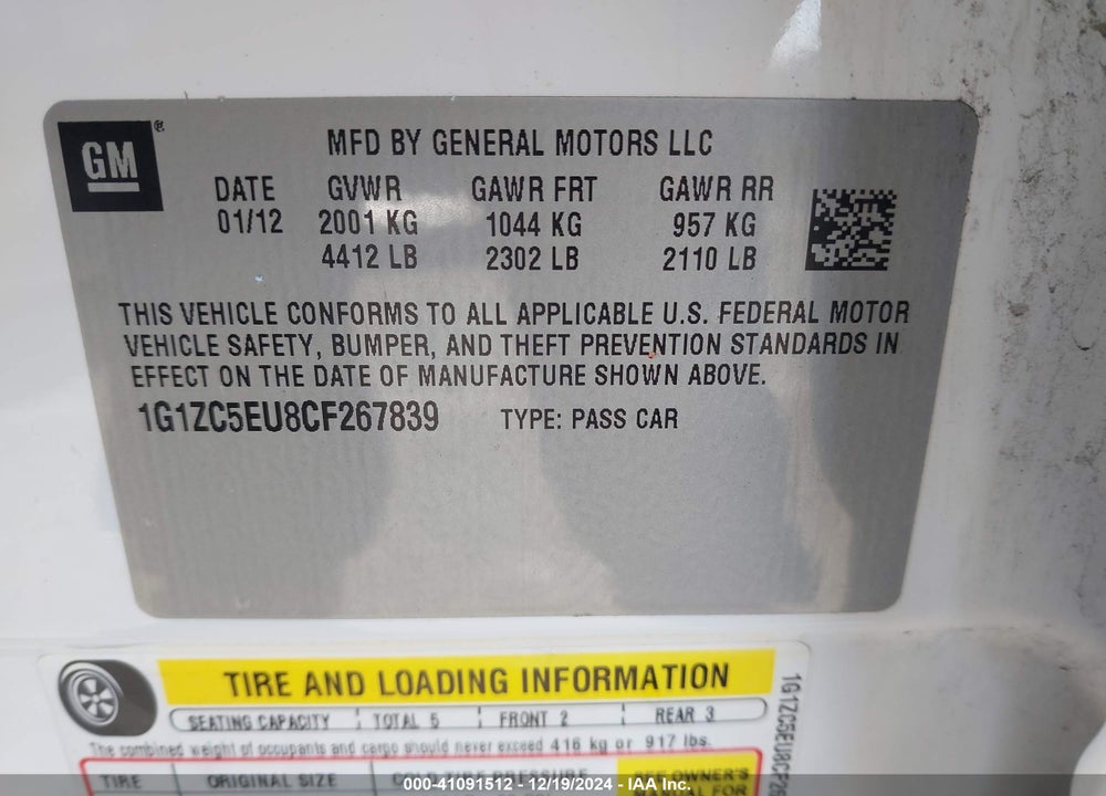 2012 CHEVROLET MALIBU 1LT VIN: 1G1ZC5EU8CF267839