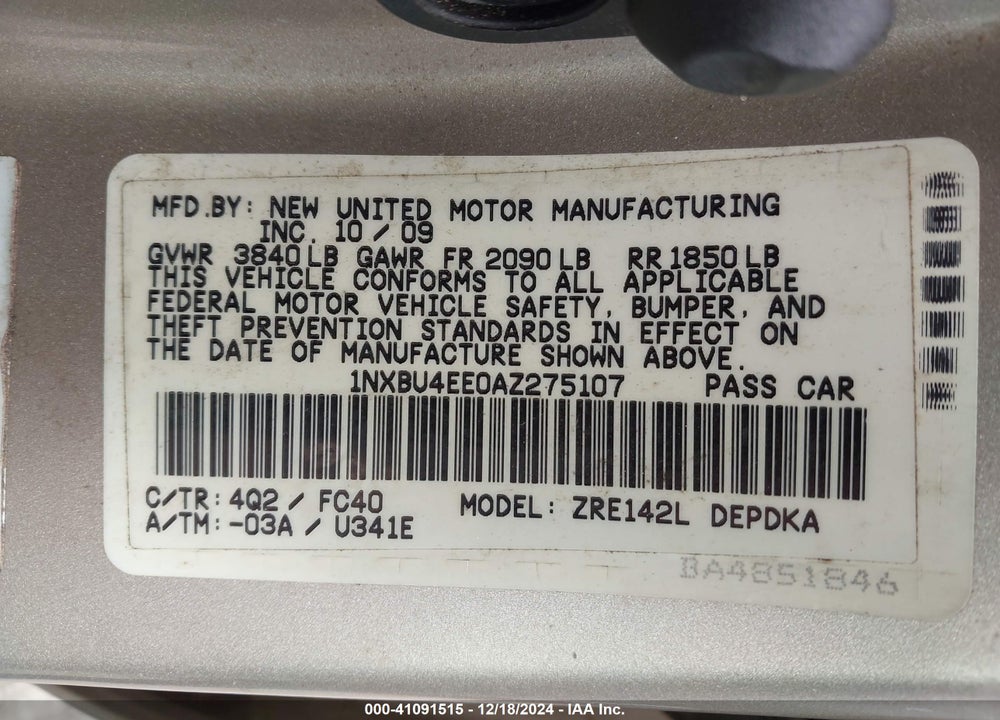 2010 TOYOTA COROLLA LE VIN: 1NXBU4EE0AZ275107